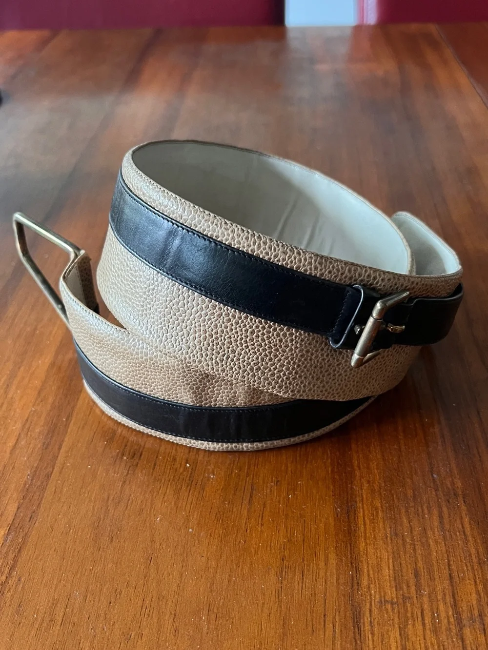 Charles Jourdan Vintage Two-Tone Brown and Black Leather Belt with Brass Buckle